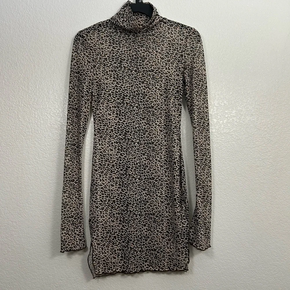 Sheer Mesh Cheetah Print Mock Neck Long Bell Sleeve Mini Dress Beach Cover Up